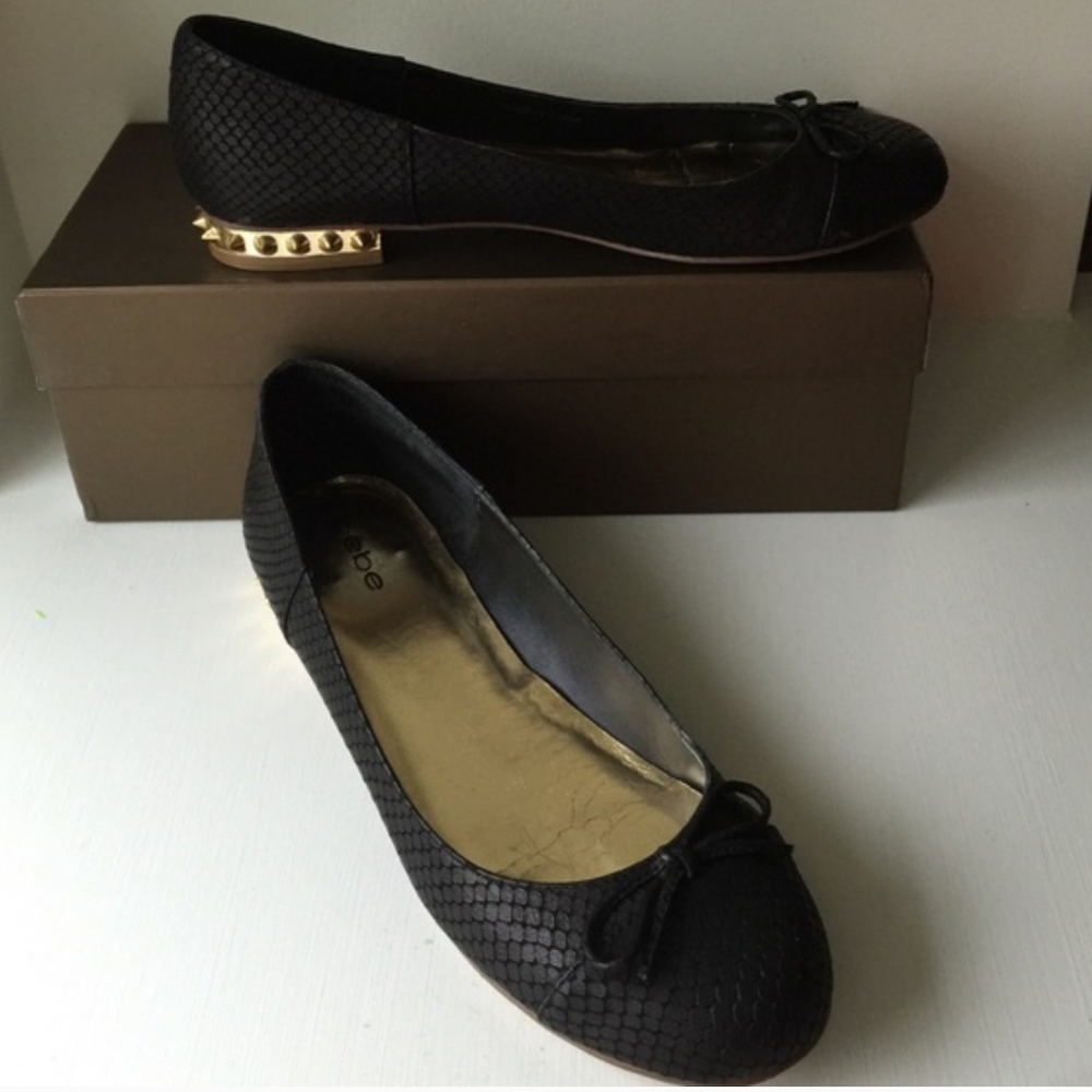 bebe Black Flats with Gold Accents